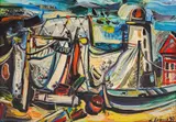 The lighthouse by Edmond Demirjian, 1987, oil on fiberboard, sold Jun 2025