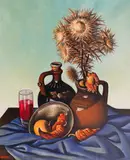 Stoyan Domuschiev, Still life with thorns and jugs, 1980s, oil on canvas