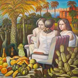 Stoyan Domuschiev, A Cuban meeting, 1980s, oil on fiberboard