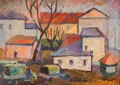 Cityscape by Lika Yanko, 1960s, oil on cardboard, sold Jun 2025