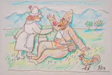 Stoyan Venev, A smile and a flower, pastel and ink on paper