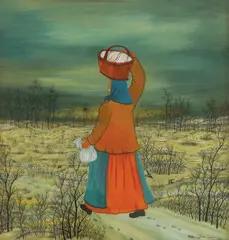 Ivan Lacković Croata, Žena s košarom (na glavi), 1970-ih, ulje na staklu