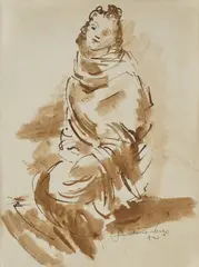 Vanja Radauš, Žena u plaštu, 1940., sepija tuš na papiru