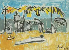 Slavko Šohaj, Na plaži, 1985., tuš, gvaš i ulje na papiru