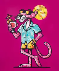 Ovidiu Solcan, The Pink Panther, 2025, acrilic și colaj pe panză