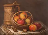 Alexandru Henția, Natură statică cu nuci, carafă și coș cu mere, 1919, ulei pe carton