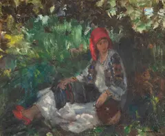 Țărăncuță cu basma roșie by János Czencz, ulei pe pânză, sold May 2025