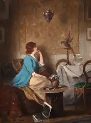 Doamna cu papagal by Endre Komaromi-Kacz, ulei pe carton, sold May 2025