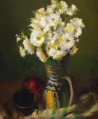 Leon Biju, Ulcior cu crizanteme albe, 1956, ulei pe carton