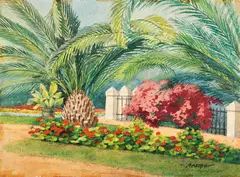Hans Aescher, Peisaj din Cairo, tempera și creion pe hârtie