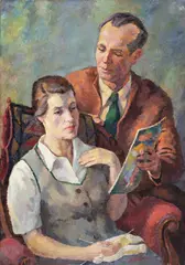 Artistul și soția by Carol Hübner, 1959, ulei pe pânză, sold May 2025