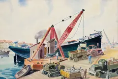 În port by Carol Hübner, 1954, acuarelă și creion pe hârtie, sold May 2025