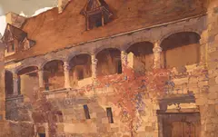 Nicolae Grant, Curte interioară la Golești, acuarelă pe hârtie