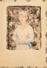 În grădină by Sever Burada, 1962, acuarelă și creioane colorate pe hârtie, offered May 2025