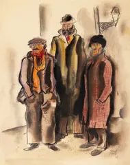 Aurel Jiquidi, Complici, 1948, cerapastel, cărbune, creioane colorate și creion pe hârtie lipită pe carton