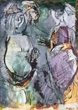 Trei grații by Wanda Sachelarie Vladimirescu, guașă și tuș pe hârtie, sold May 2025