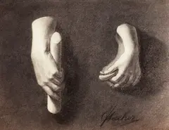 Hans Aescher, Studiu de mâini romane, cărbune pe hârtie