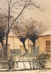 Ioan Georgescu, Colț de București, acuarelă și creion pe hârtie lipită pe carton