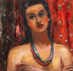 Portret cu mărgele roșii by Pia Căpşuneanu Massaci, ulei pe pânză, sold May 2025