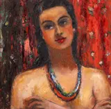 Pia Căpşuneanu Massaci, Portret cu mărgele roșii, ulei pe pânză