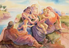 Maternitate by Carol Hübner, acuarelă și creion pe hârtie, sold May 2025