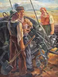 Carol Hübner, Țărani de vorbă (Mecanizarea agriculturii), ulei pe pânză