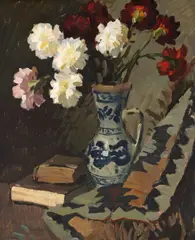 Natură statică cu ulcior cu garoafe by Theodor Cateliu, ulei pe carton, sold May 2025