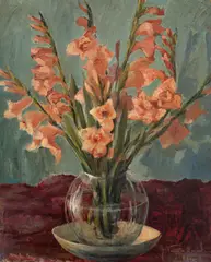 Ioan Papazoglu, Vas cu gladiole, 1943, ulei pe pânză lipită pe carton