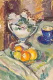 Natură statică cu fructe și ceșcuță de cafea by Ecaterina Cristescu Delighioz, 1974, acuarelă pe hârtie, offered May 2025