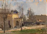 Peisaj din București by Niculina Delavrancea Dona, ulei pe carton, sold May 2025