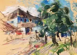 Peisaj din Câmpulung by Iosif Rosenblut, acuarelă, guașă și ulei pe hârtie, offered May 2025