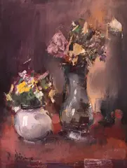 Vase cu flori by Radu Darânga, ulei pe carton, sold May 2025