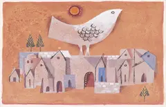 Samy Briss, L'oiseau dans la cité, guașă, tuș și foiță de aur pe hârtie