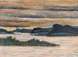 Apus în Deltă by Ion Alin Gheorghiu, 1988, acuarelă și ulei pe hârtie, sold May 2025