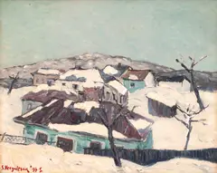 Spiru Vergulescu, Case sub zăpadă, 1997, ulei pe pânză