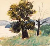Vânt pe Valea Doftanei by Ion Alin Gheorghiu, 1988, acuarelă și creion pe hârtie, sold May 2025