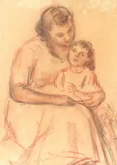 Maternitate by Samuel Mützner, cărbune și sepia pe hârtie, sold Apr 2025