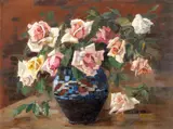 Vas cu trandafiri by Freda Trybalski Delnevo, 1935, ulei pe carton, sold Apr 2025