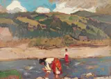Cu rufele la râu by Liviu (Elemer Szabo) Bordeaux, ulei pe carton, sold Apr 2025