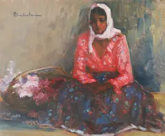 Florăreasă by Apostol Mănciulescu, ulei pe carton, sold Apr 2025