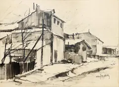 Margine de București by Jean Cheller, tuș și laviu pe hârtie, sold Apr 2025