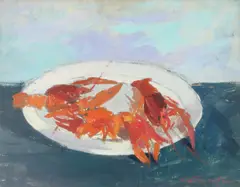 Farfurie cu raci by Gabriel Catrinescu, ulei pe carton, sold Apr 2025