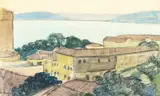 Balcic by Rodica Maniu, acuarelă și creion pe hârtie, sold Apr 2025