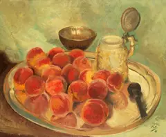 Vasile Velisaratu, Natură statică cu piersici și carafă, 1956, ulei pe carton