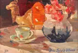 Trandafiri și porțelanuri by Freda Trybalski Delnevo, 1930, ulei pe carton, sold Apr 2025