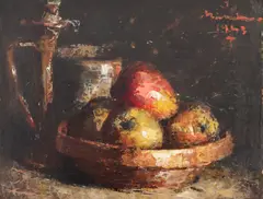 Ion Mândru, Natură statică cu mere și ibric, 1943, ulei pe carton