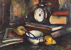 Natură statică cu ceșcuță și ceas deșteptător by Petre Remus Troteanu, ulei pe carton, sold Apr 2025