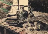 Natură statică cu ulcior și strachină by Iosif Rosenblut, monotip cu accente de guaşă, sold Apr 2025