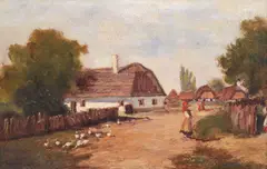Țărăncuță în fața porții by Antal Neogrády, ulei pe carton, sold Apr 2025