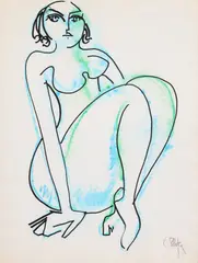 Nud by Constantin Piliuță, cărbune și ceracolor pe hârtie, sold Apr 2025